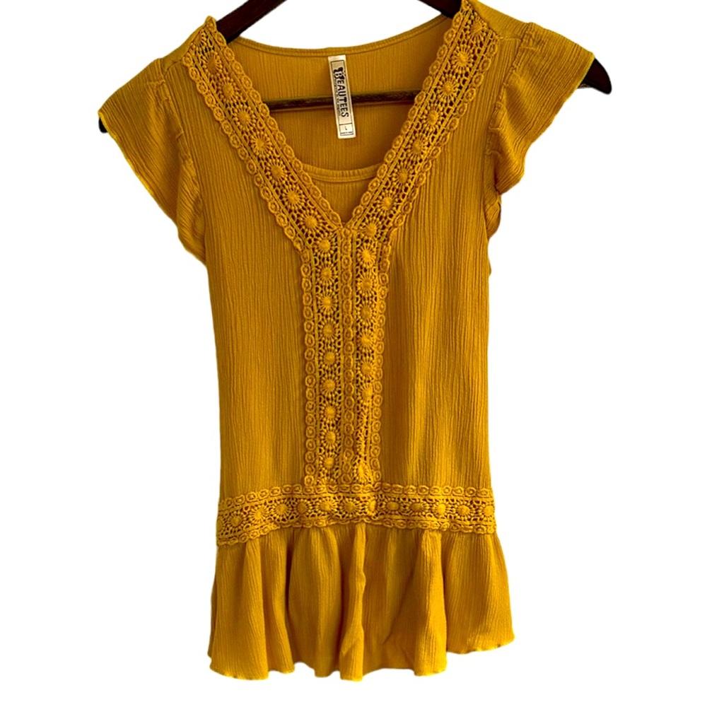 Beautees mustard, butterfly sleeve, tie, back top girls large